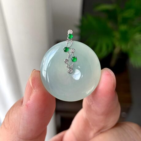 18K金鑽鑲糯冰種淡晴底平安扣吊墜