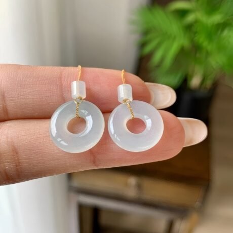 925銀鑲糯冰種無色平安扣耳環